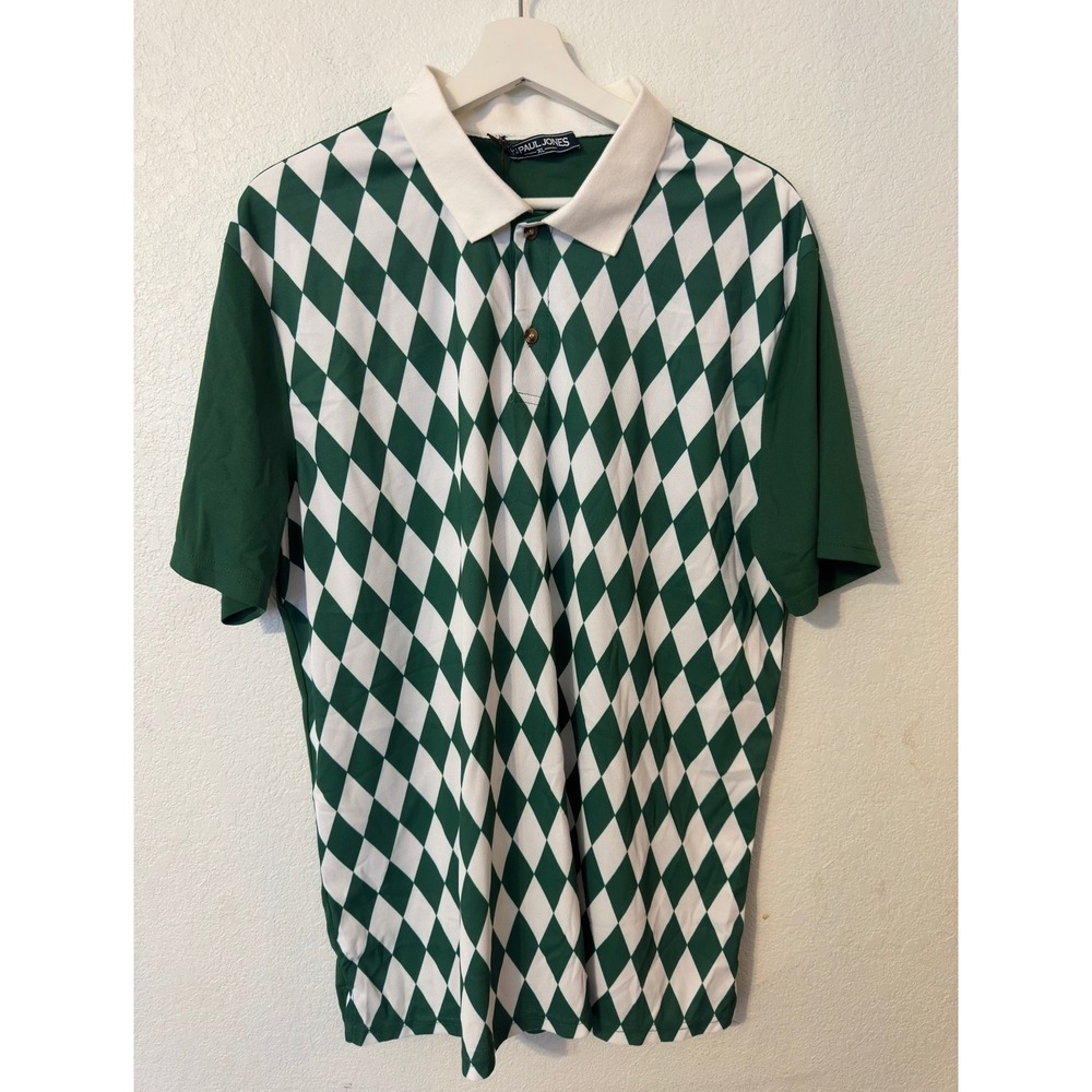 PJ Paul Jones‎ Mens XL Polo Shirt Green White Diamond Pattern Short Sleeve Golf